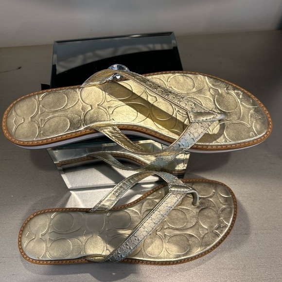Coach Shoes - Coach Metallic Gold Logo-Embossed Thong Sandals
